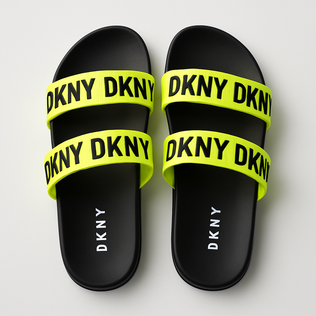 DKNY Double Strap Logo Slides – White, Black & Neon Yellow Straps