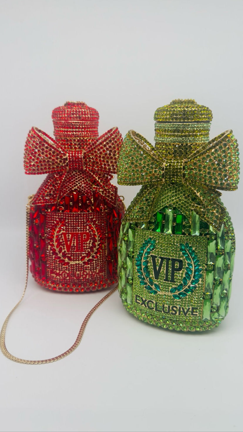 VIP Exclusive Crystal Perfume Bottle Clutch – Red & Green with Bow Design