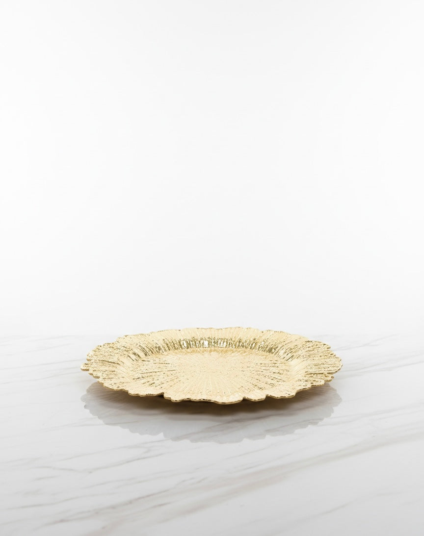 13-inch Metallic Gold Reef Charger Plates - Textured Round Plastic Underplates for Weddings, Holidays, and Fine Dining