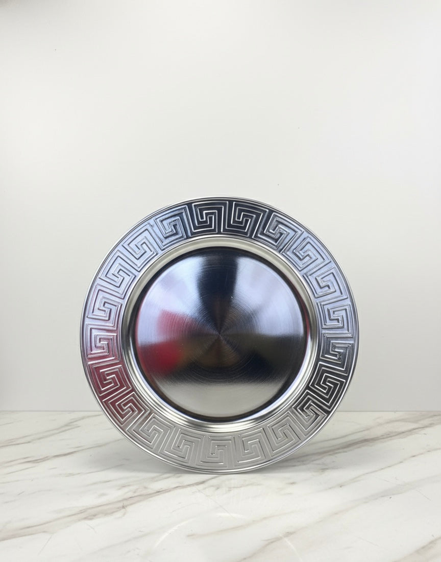 13" Silver Greek Key Charger Plates -Decorative Plastic Underplates for Weddings, Holidays, & Formal Dinners