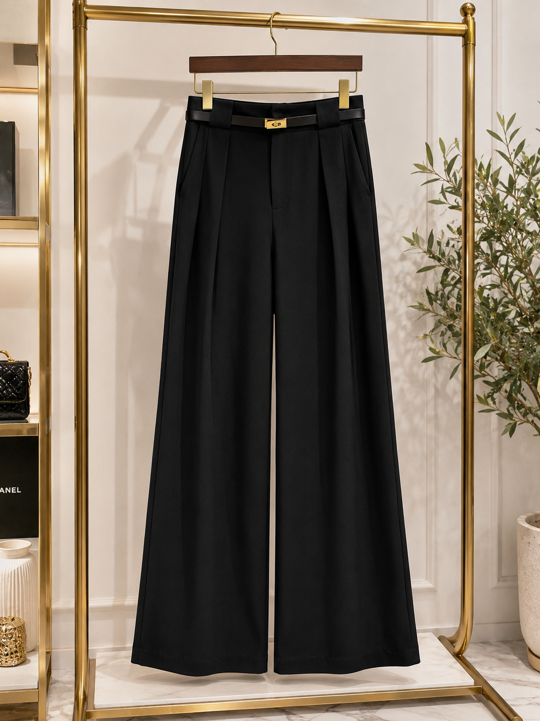 Women’s Black High-Waisted Wide Leg Pants with Belt – Elegant Pleated Trousers