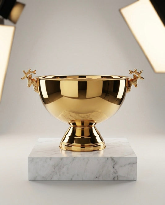 Elegant Stainless Steel Ice Bucket with Reindeer Antler Handles – Decorative Serving Bowl with Pedestal Base
Description:
