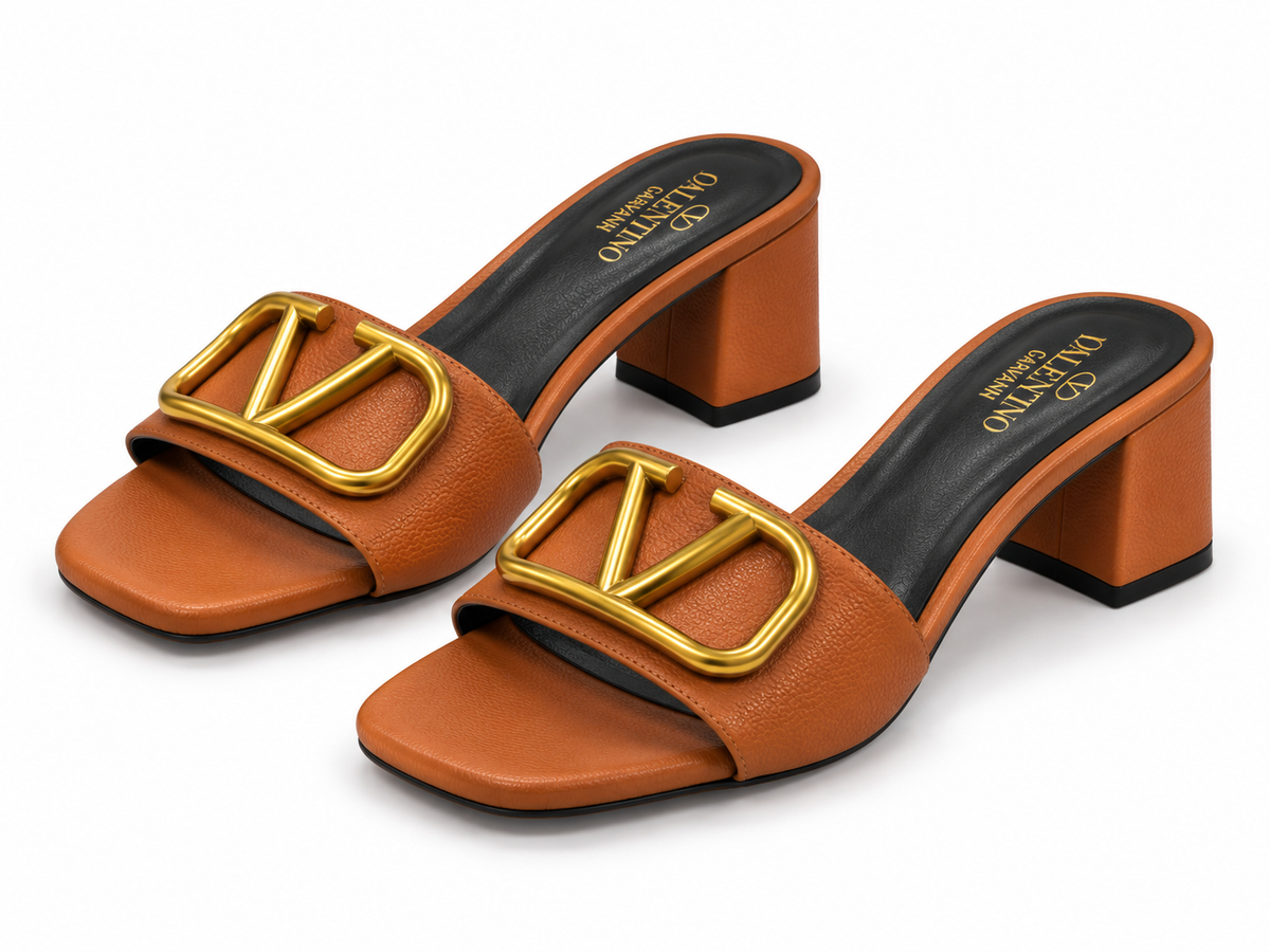 Cognac Brown Block Heel Slide Sandals with Gold V Accent – Women’s Dress Heels
