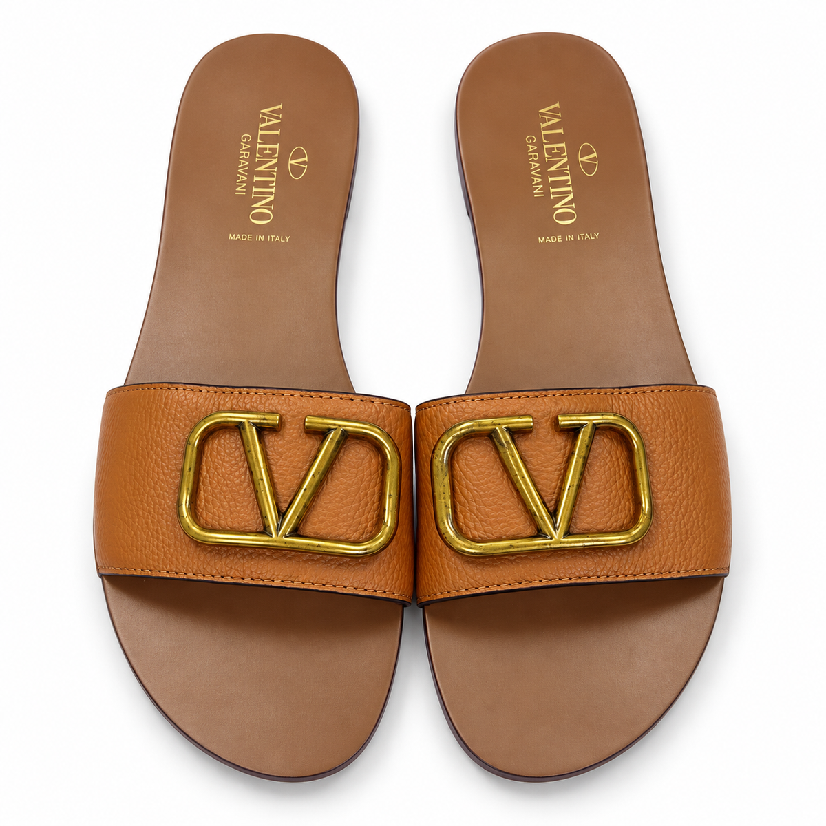 Tan V-Logo Flat Slide Sandals – Gold-Tone Statement Buckle