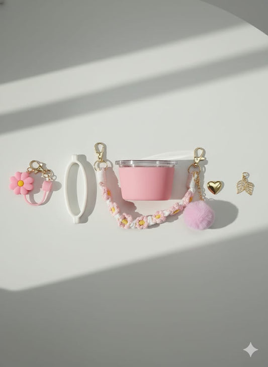 7- Piece Stanley Cup Charm Set – Cute Pastel Accessories with Pom Pom, Chain & Straw Charm