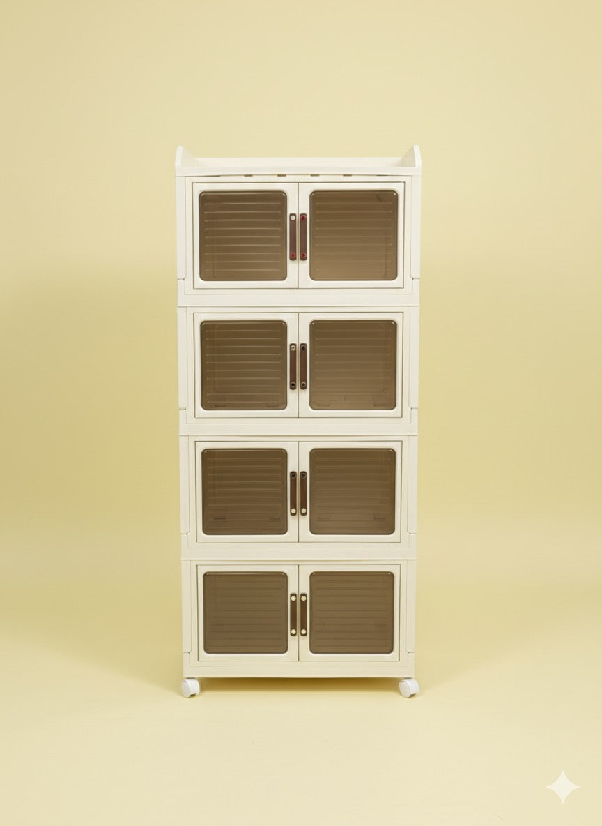 Multi-layer storage cabinet- 4 layers off white and brown storage shelf for home use