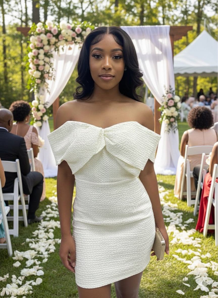 Beige Bodycon Short Dress with Bow Tie Detail