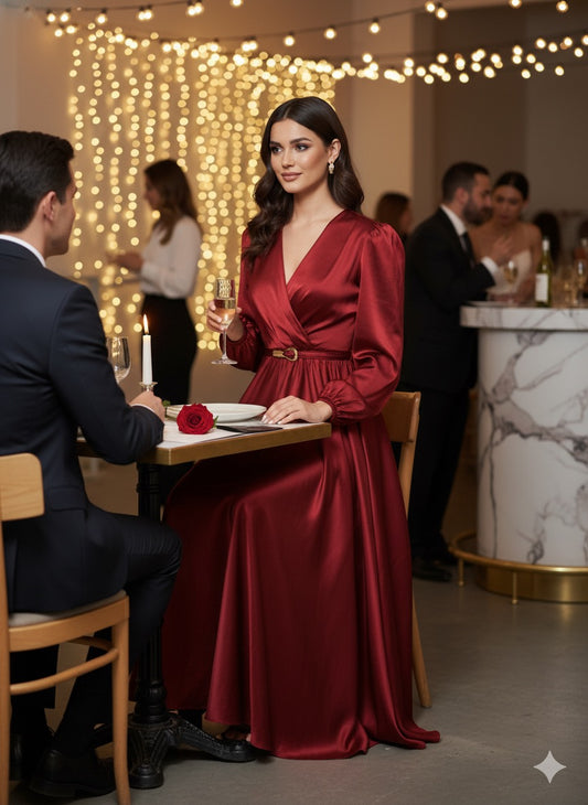 Elegant Long-Sleeve Satin Wrap Maxi Dress