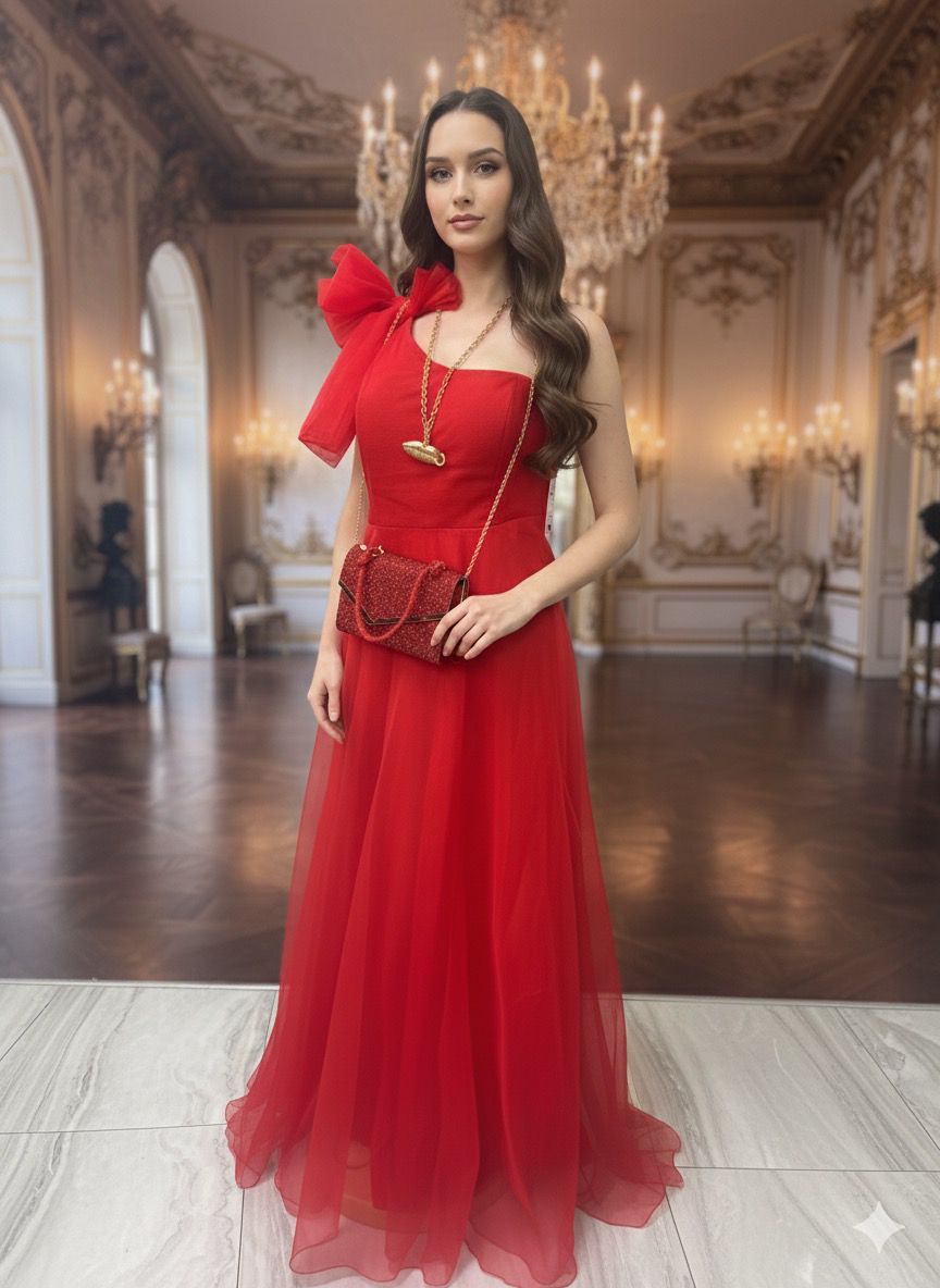 The Crimson Tulle One-Shoulder Gown with Oversized Bow