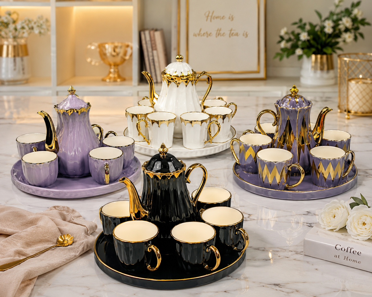 Luxury Ceramic Tea & Coffee Serving Set with Tray – 7-Piece Collection