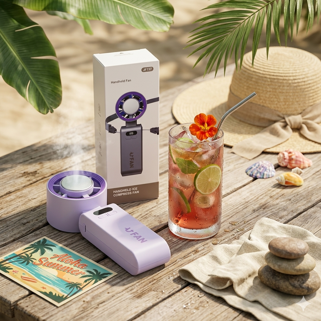 Handheld Ice Compress Fan with Adjustable Tilt & Digital Display – Portable 3-Speed Turbo Cooling Fan with Lanyard and USB-C Charging