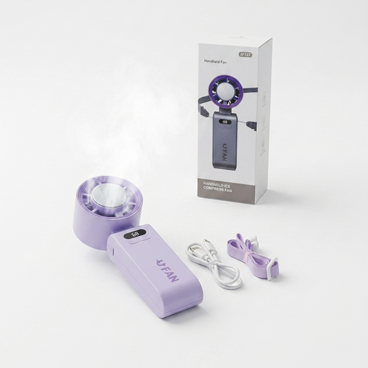 Handheld Ice Compress Fan with Adjustable Tilt & Digital Display – Portable 3-Speed Turbo Cooling Fan with Lanyard and USB-C Charging