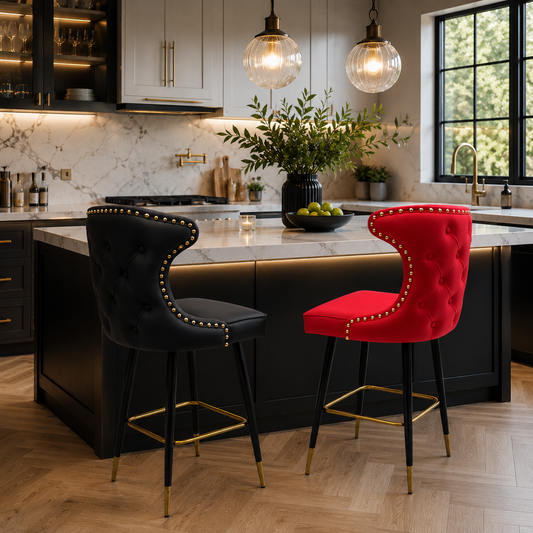 Luxury Tufted Velvet Bar Stool with Gold Accents – Modern Counter Chair 45” High