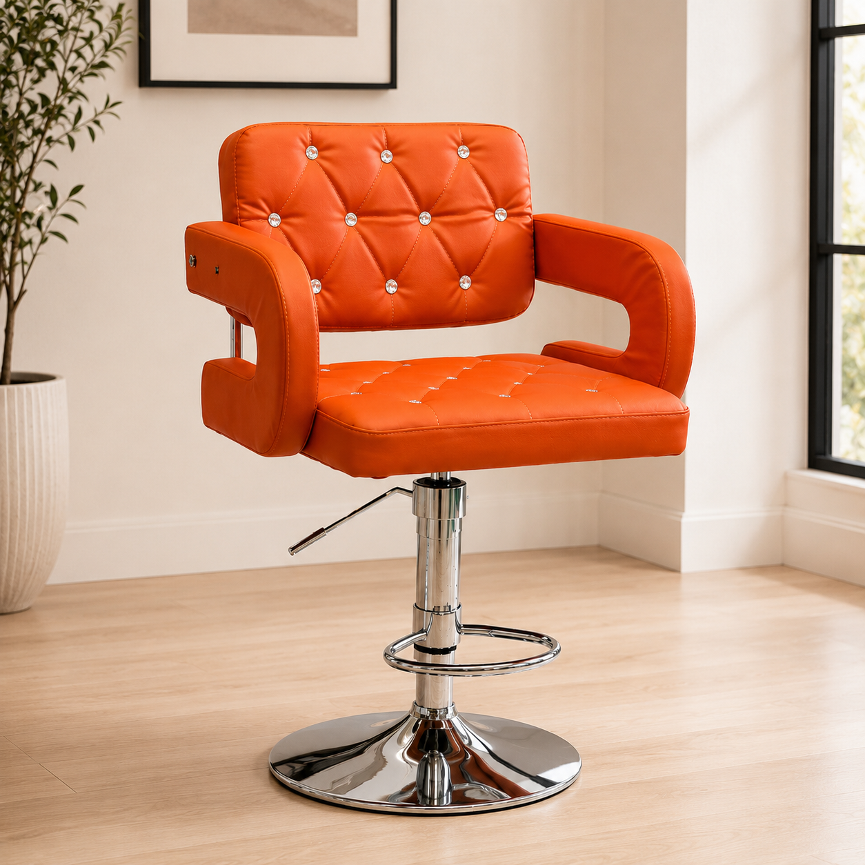 Modern Adjustable Swivel Bar Chair with Crystal Tufted Design – Faux Leather Hydraulic Stool