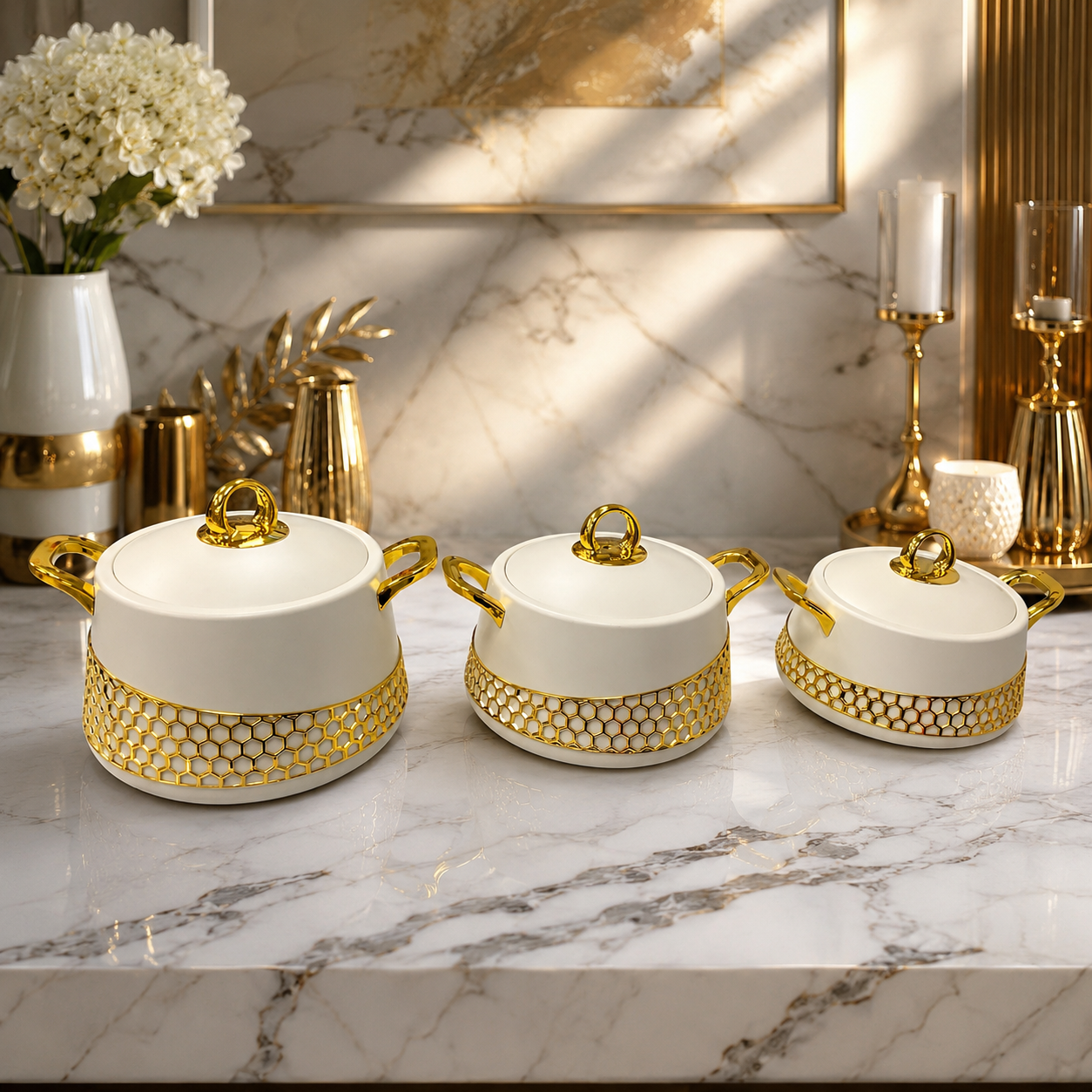 Luxury Insulated Hot Pot Set with Gold Honeycomb Design – 3 Piece Food Warmer Set (2L / 2.5L / 3L)