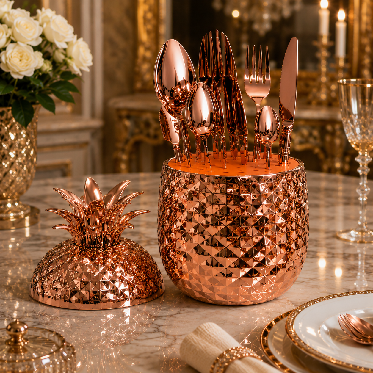 Luxury Pineapple Cutlery Set for 6 – Stainless Steel Flatware Set with Decorative Holder