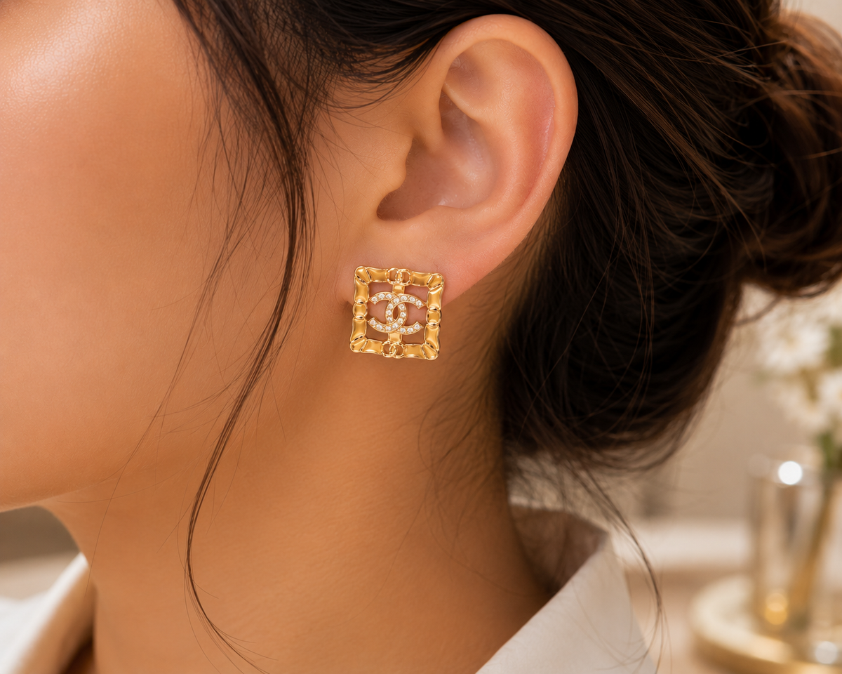 Elegant Gold-Tone Crystal Square Stud Earrings
