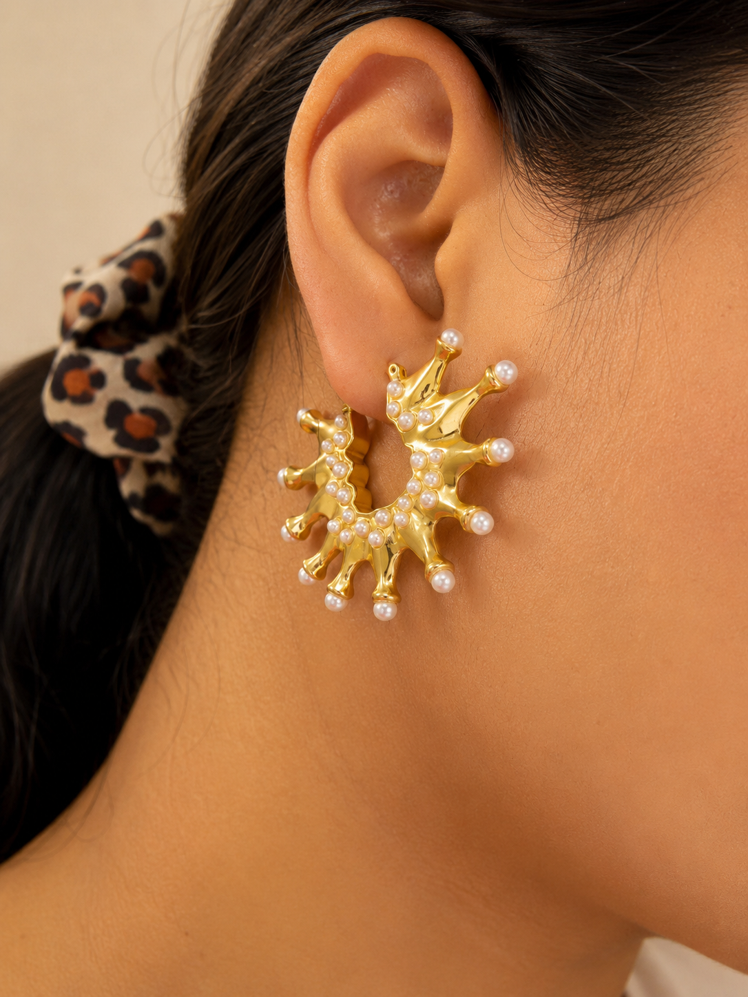 Pearl Accent Sunburst Hoop Earrings
