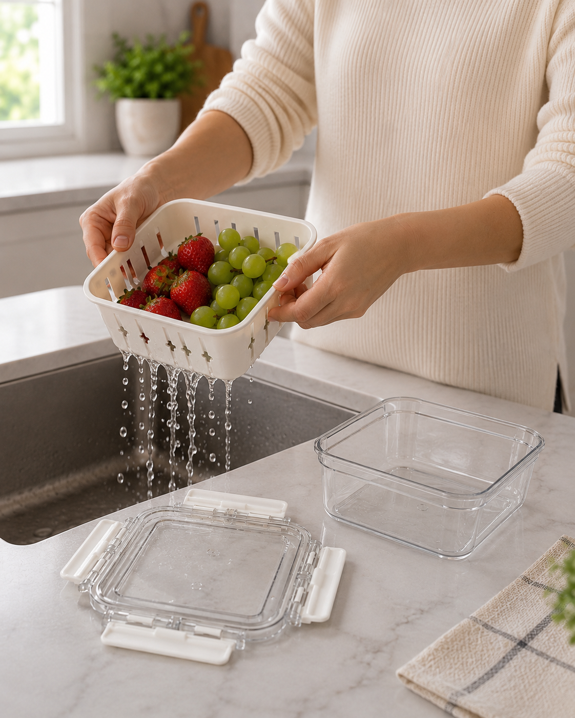 4-Piece Fresh Food Storage Container Set with Removable Drain Basket & Airtight Locking Lids