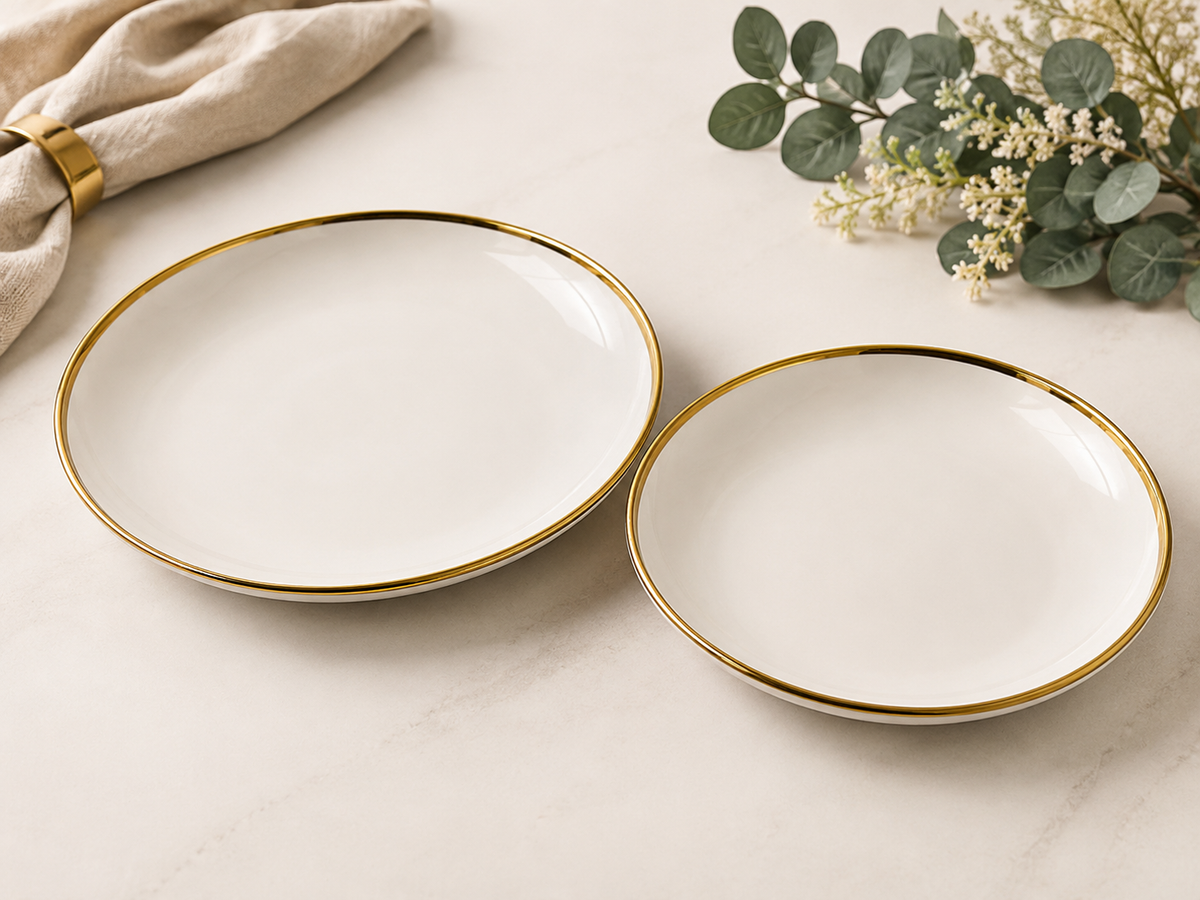 Elegant White Ceramic Gold Rim Serving Bowl / Deep Dinner Plate – 25 cm & 30 cm
