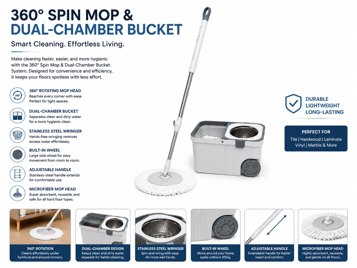 360° Spin Mop & Dual-Chamber Bucket Cleaning System with Built-In Wheel