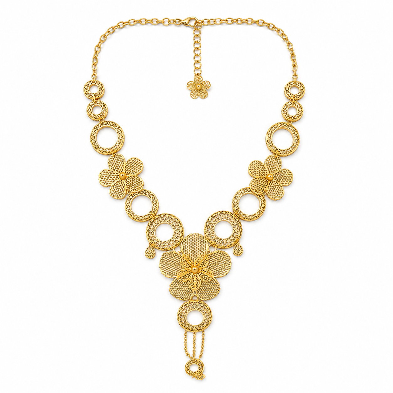 Gold Floral Filigree 4-Piece Jewelry Set – Necklace, Earrings, Bracelet & Ringy