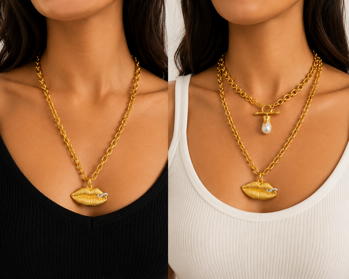 Luxury Gold-Tone Statement Lips Pendant Chain Necklace | Chunky Link Fashion Necklace