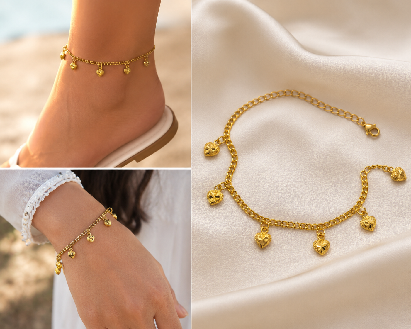 Golden Heart Charm Bracelet & Anklet – Adjustable Gold-Tone Jewelry