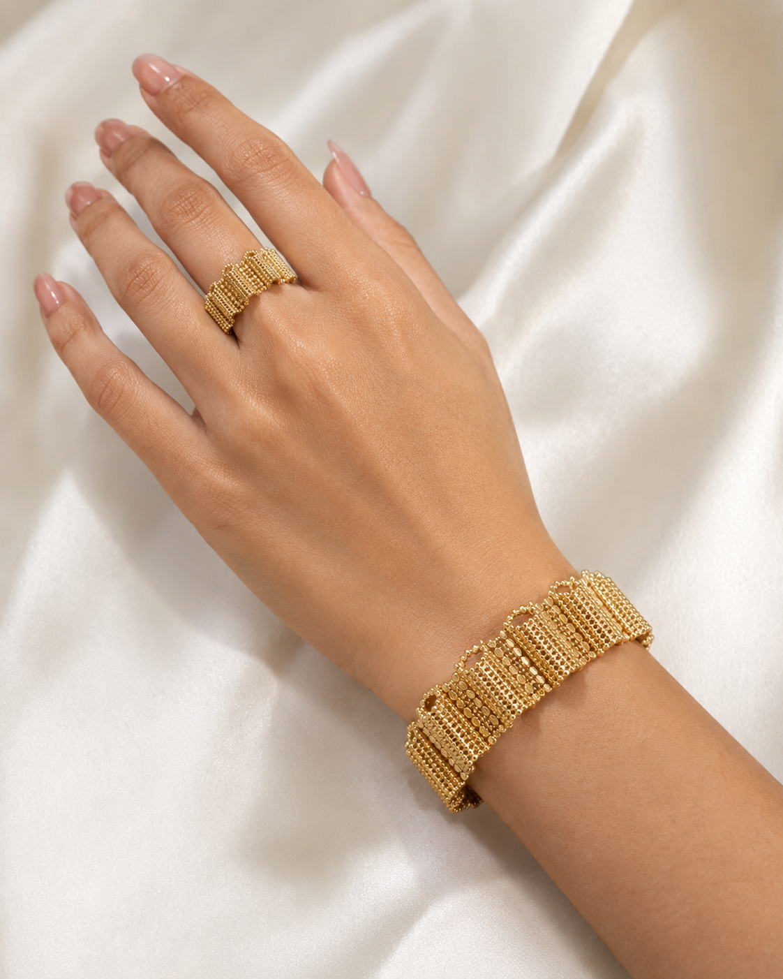 Two-Tone Beaded Bracelet & Ring Set – Gold & Silver Statement Jewelry