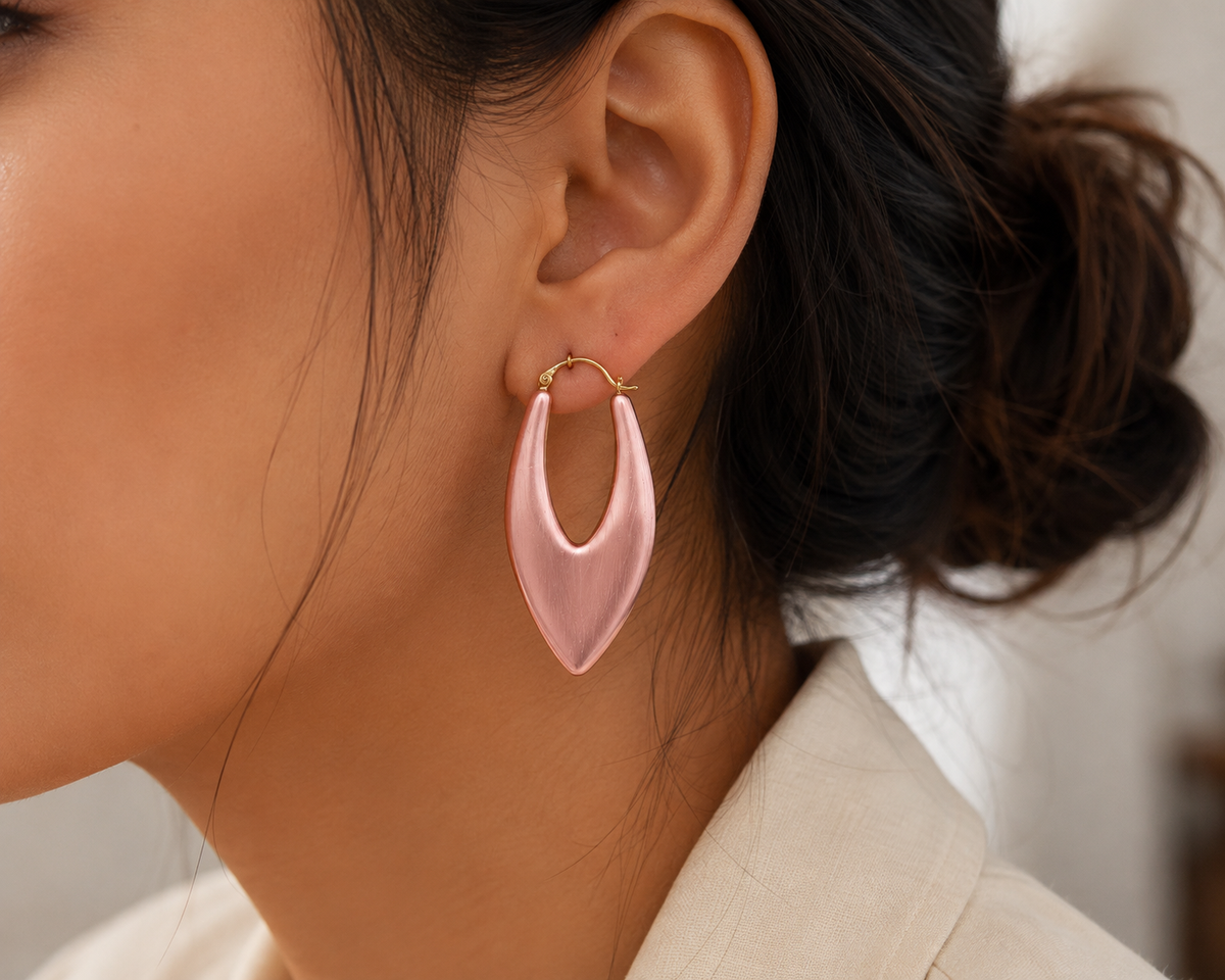 Rose Pink Statement Teardrop Hoop Earrings – Gold-Tone Modern Drop Earrings #17