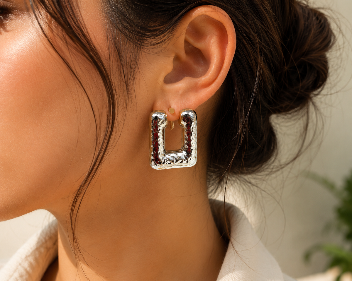 Bold Hammered Silver Geometric Statement Hoop Earrings #20