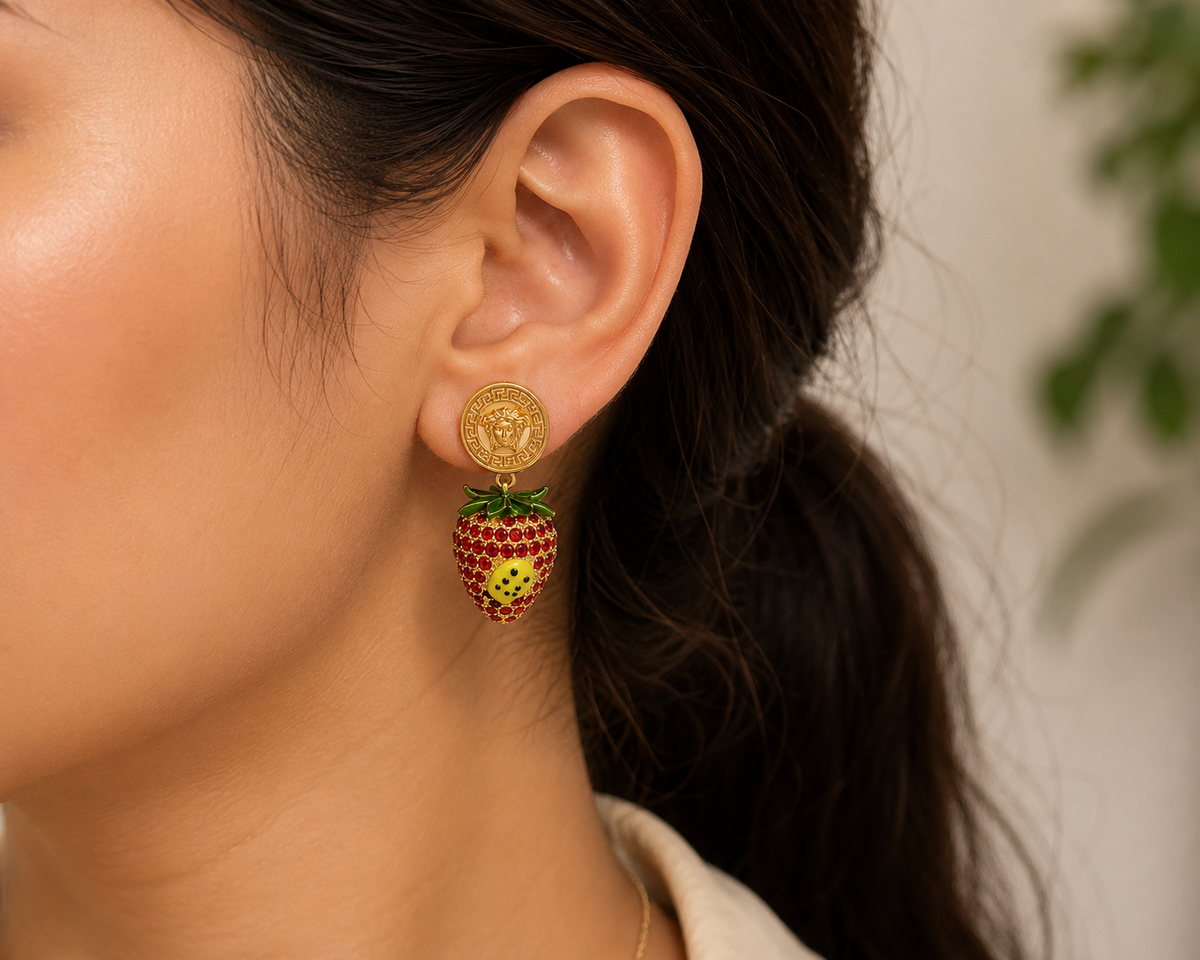 Gold Strawberry Drop Earrings – Red Crystal Statement Earrings