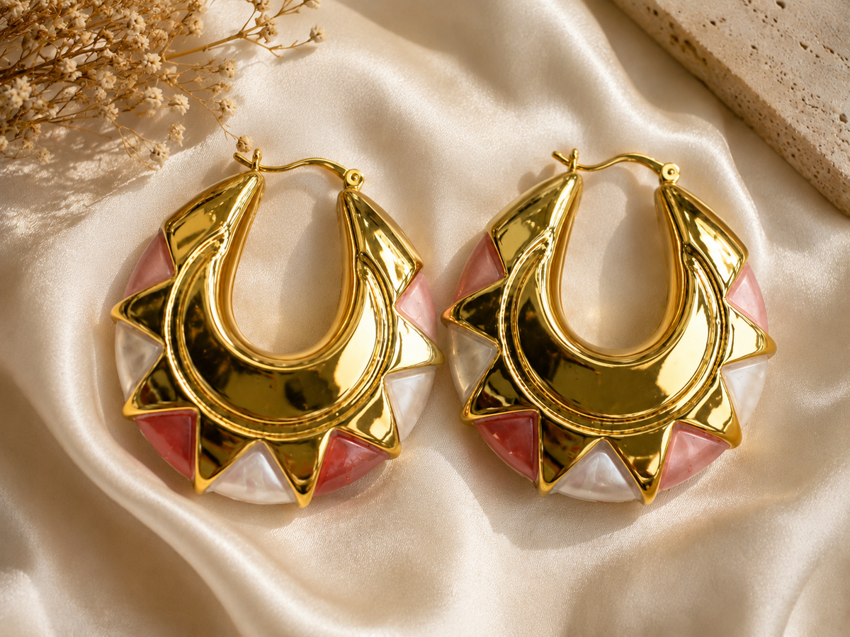 Gold Statement Hoop Earrings with Pink & Pearl Accents – Chunky Geometric Earrings #24