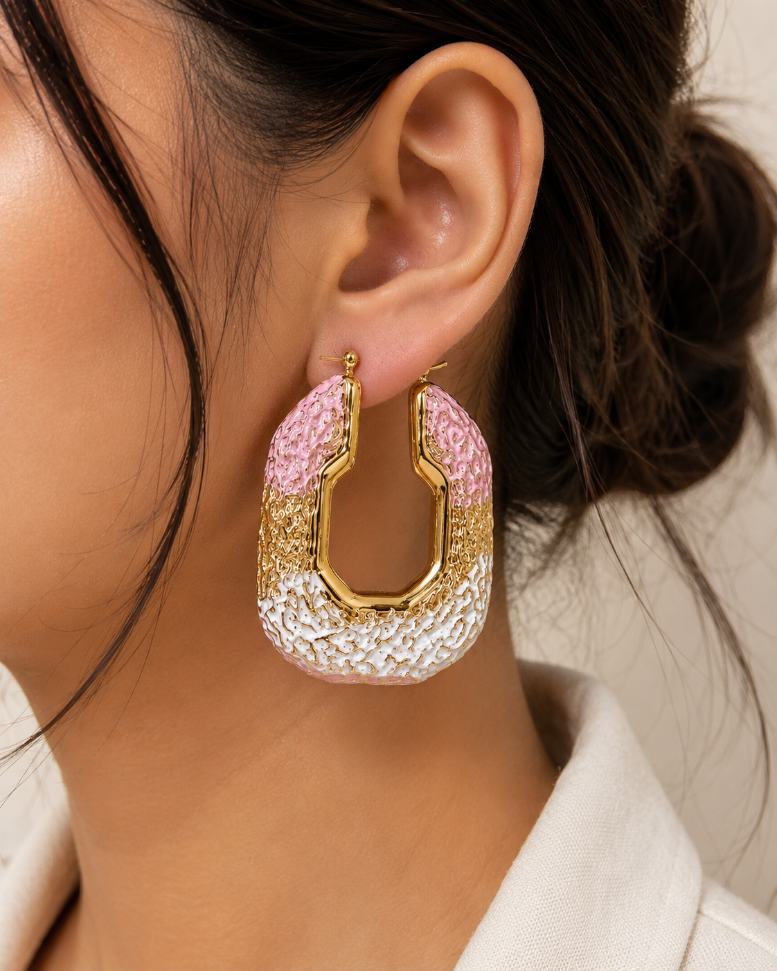 Statement Textured Hoop Earrings – Pink, White & Gold Chunky Earrings #27