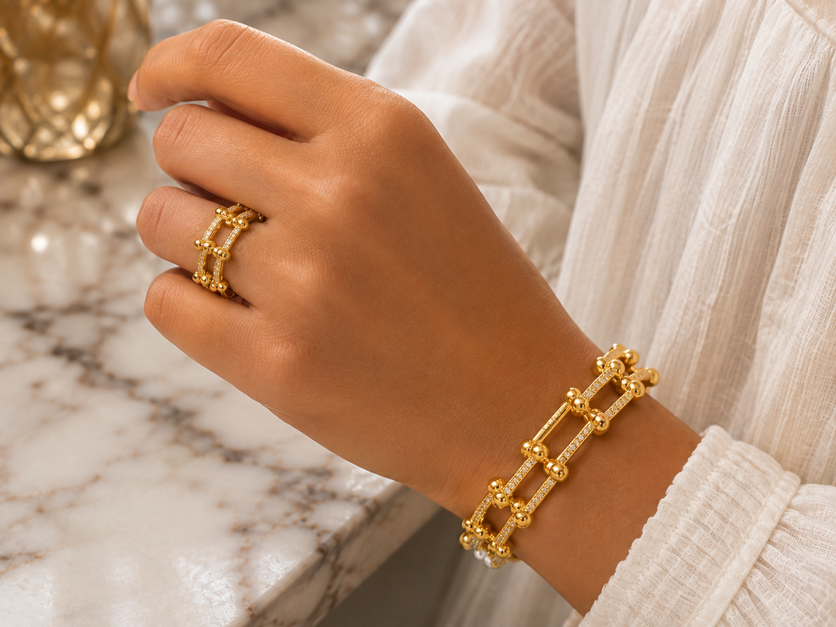 Luxe Crystal Link Bracelet & Ring Set – Gold & Silver