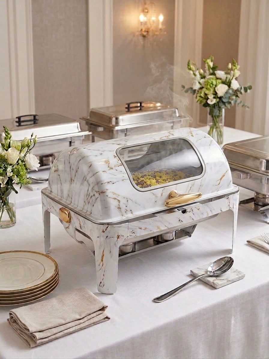 8QT Marble Roll Top Chafing Dish – Rectangular Buffet Warmer for Catering & Events