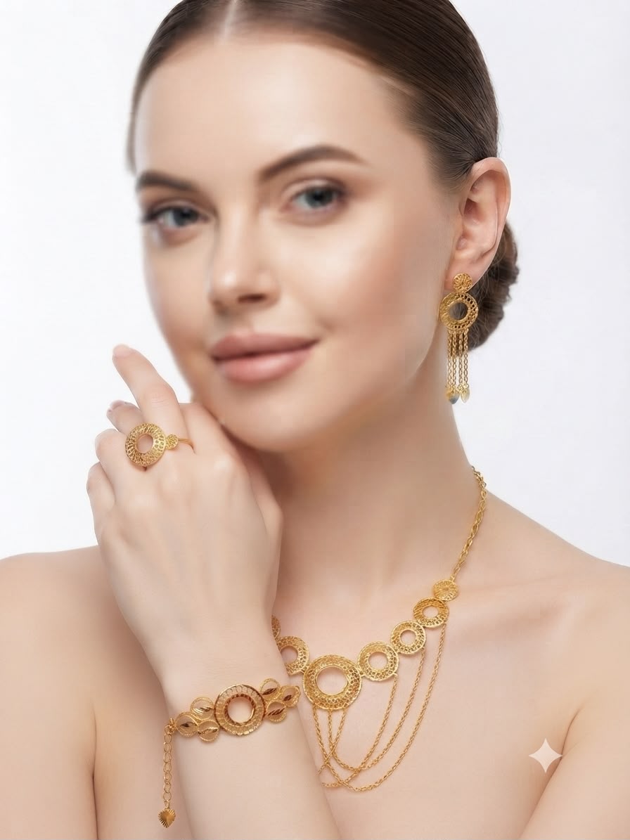 18K Gold Filigree Circle Statement Bracelet with Oval Link Chain & Charm