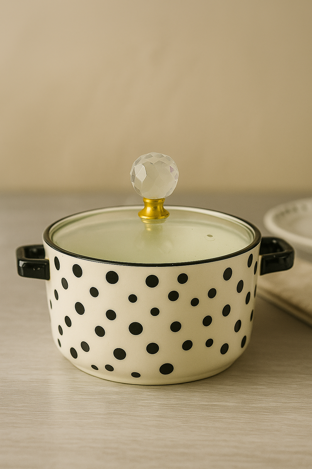 7" Ceramic Casserole Bowl with Lid – Polka Dot Design, Crystal-Style Knob