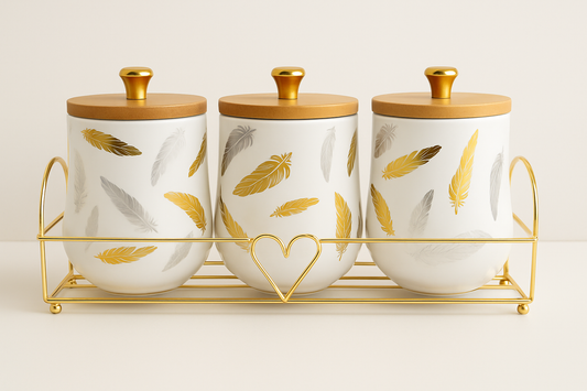 Feather Print Ceramic Jar Set with Bamboo Lids and Gold Stand – 3-Piece