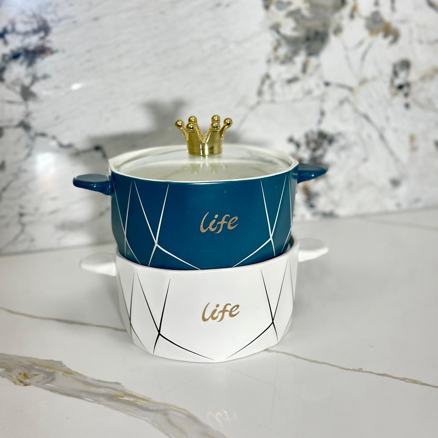 Crown-Lid Ceramic Casserole Pot – Modern LIFE Design with Transparent Glass Lid