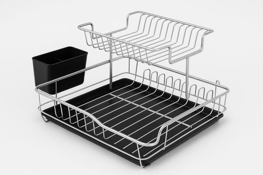 2-Tier Large Dish Drying Rack with Cutlery Holder, Cup Hooks & Drip Tray