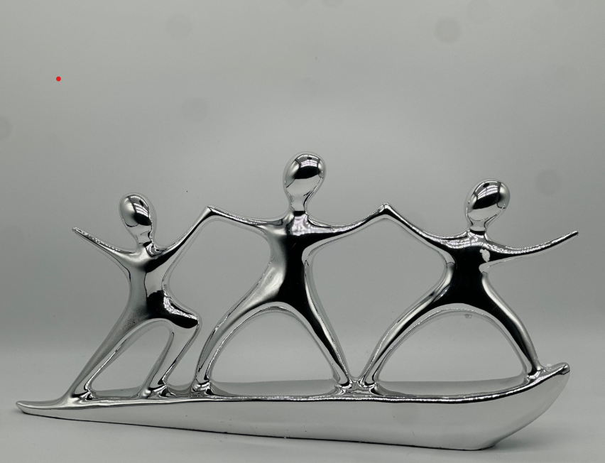 Abstract Ceramic Family Sculpture – 13" Wide Silver Figurine