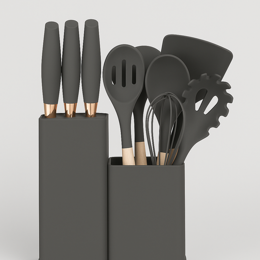 19-Piece EVRYEALTH Kitchenware Set – Silicone Utensils & Stainless Steel Knives with Holder