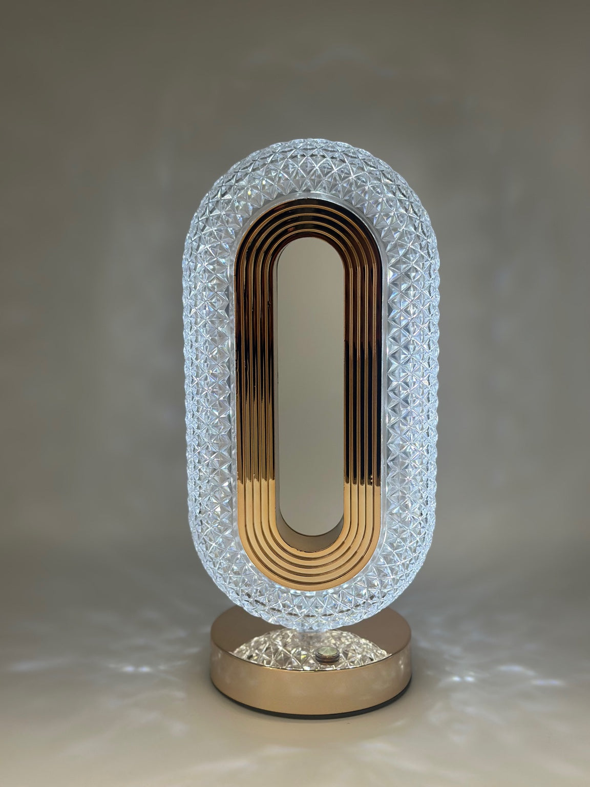 Oval Diamond‑Cut USB Rechargeable Crystal Table Lamp – Gold Accent