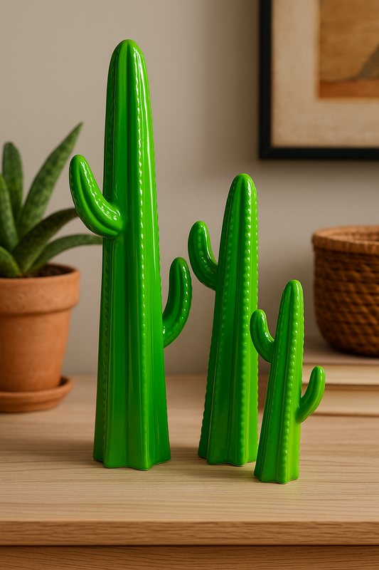 Pottery Clay Cactus Figurines – Decorative Home Accent 13.5", 10.5", 7"