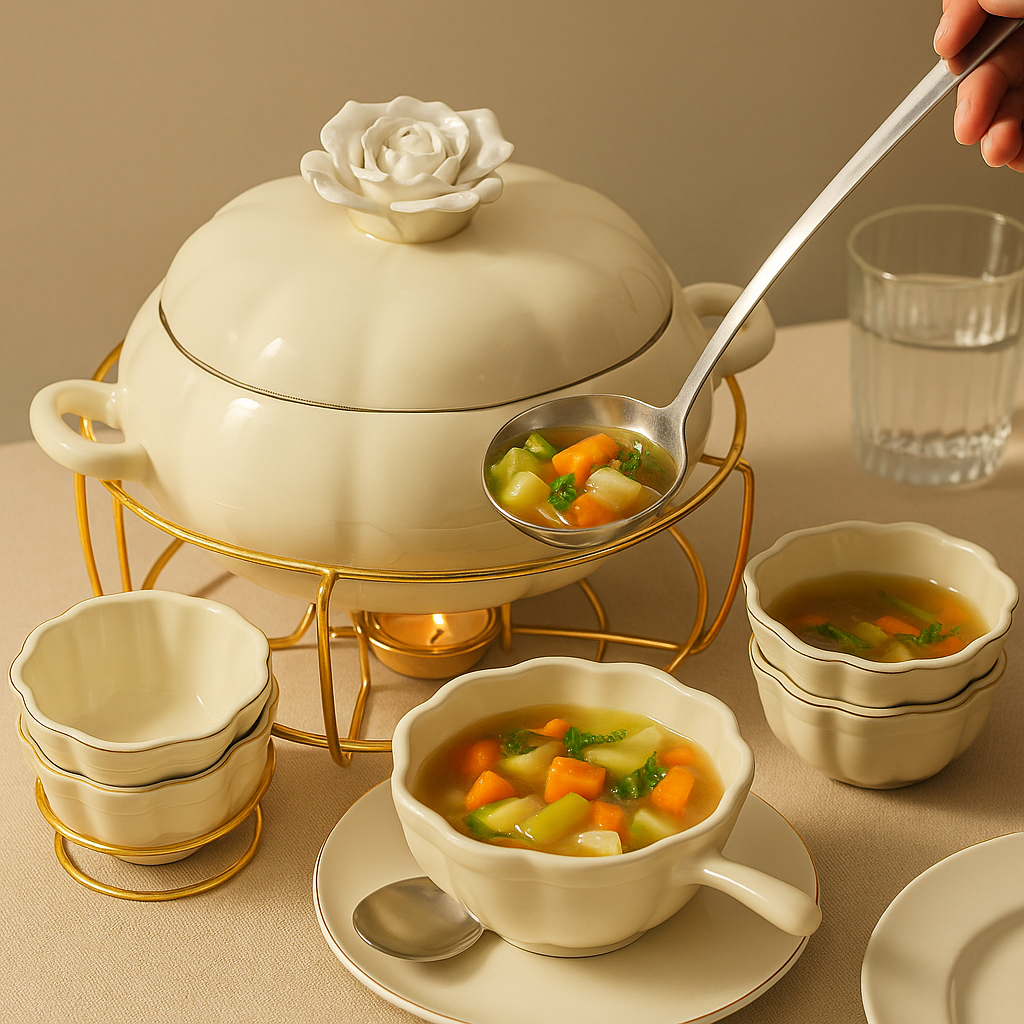 Elegant Soup Set with Gold Frame – 13-Piece Ceramic Tableware