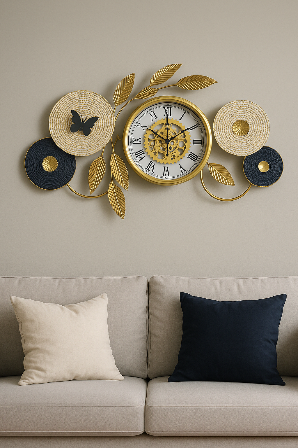 Gold Butterfly Leaf Metal Wall Clock – 37" x 23", Glass Dial