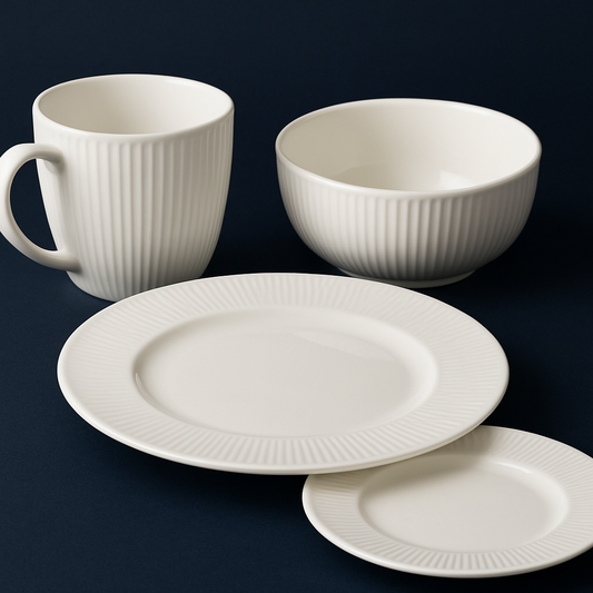 Classic 16-Piece Dinner Set – Ribbed and Plain Ceramic Design