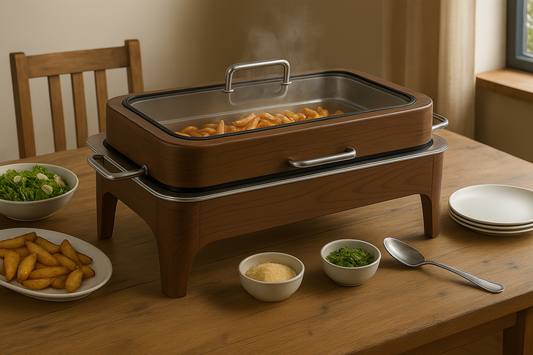 22" Stainless Steel Chafing Dish with Wood-Look Finish – Buffet Food Warmer