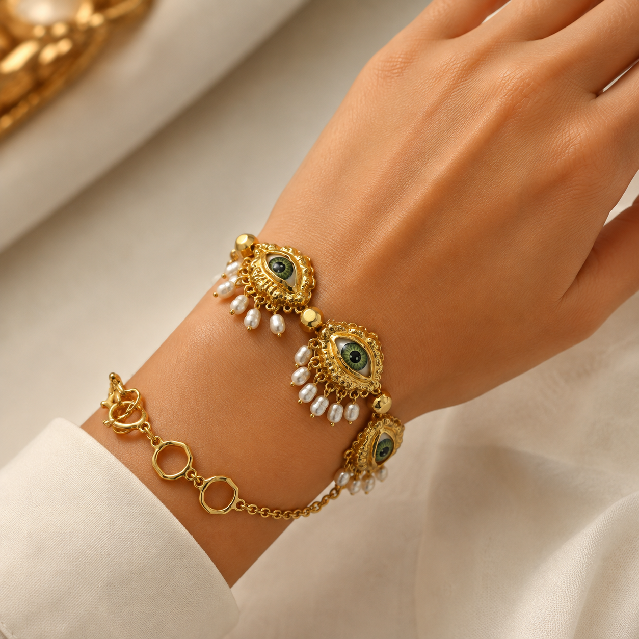 Luxury Evil Eye Gold Jewelry Set – Layered Necklaces, Bracelet, Earrings & Brooch with Pearl Tassels